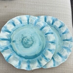 Pier 1‎ Melamine 11" Dinner Plates Set Of 2 Teal Blue Beachy Picnic Collector